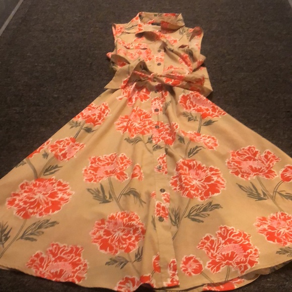 Banana Republic Brand Women's 4 Petite Tan Floral Button Down Sleeveless Dress - Picture 4 of 7